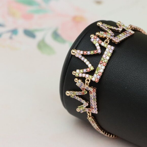 "Crown Charm Rose Gold Bracelet with Multicolor CZ, Adjustable Fit, XPBL0737 - Picture 10 of 12